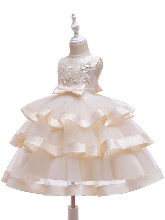 Flower Girl Dresses Jewel Neck Polyester Cotton Sleeveless Knee Length Princess Silhouette Bows Formal Kids Pageant Dresses