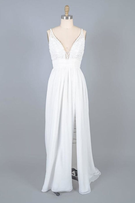 Front Slit Lace Chiffon Sheath Wedding Dress - Wedding Dresses