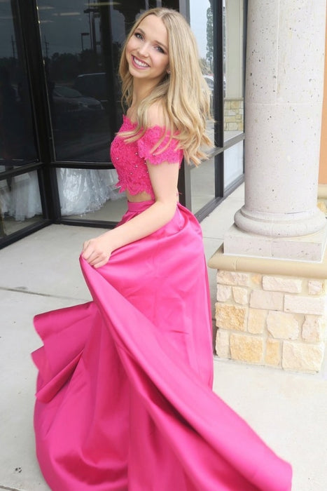 Fuchsia Off Shoulder Prom Dress with Lace Two Piece Long Satin Formal Dresses - Prom Dresses