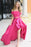 Fuchsia Off Shoulder Prom Dress with Lace Two Piece Long Satin Formal Dresses - Prom Dresses