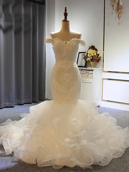 Full Beading Off-the-Shoulder Lace-Up Mermaid Wedding Dresses - Ivory / Floor length - wedding dresses