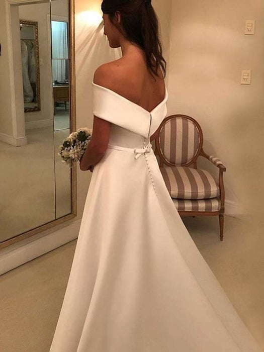 Simple A Line Wedding Dresses Satin Off The Shoulder Wedding Dress - wedding dresses