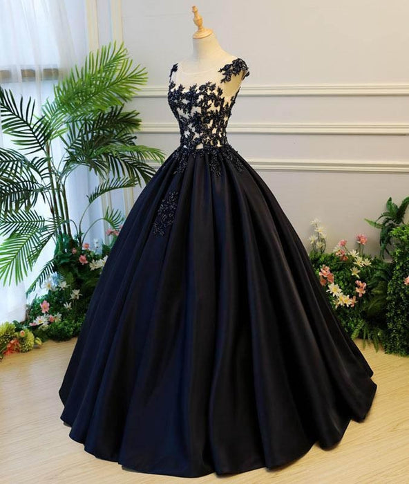 Generous Princess Cap Sleeves Scoop Black Applique Satin Long Prom/Evening Dress - Prom Dresses