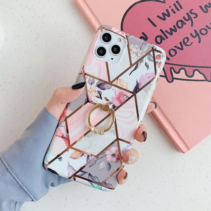 Geometric Marble Ring Holder Phone Case For iPhone