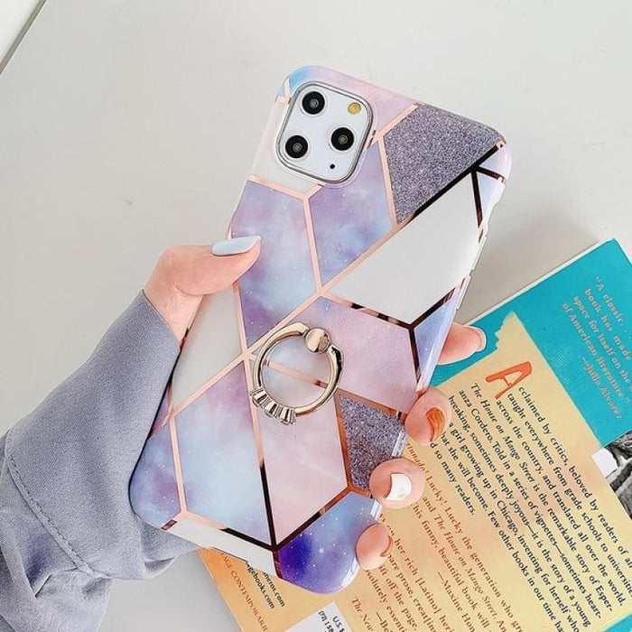 Geometric Marble Ring Holder Phone Case For iPhone - For iPhone 11 / w