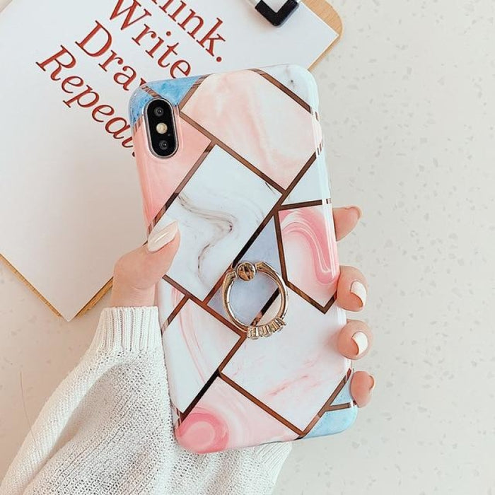 Geometric Marble Ring Holder Phone Case For iPhone - For iPhone XR / e