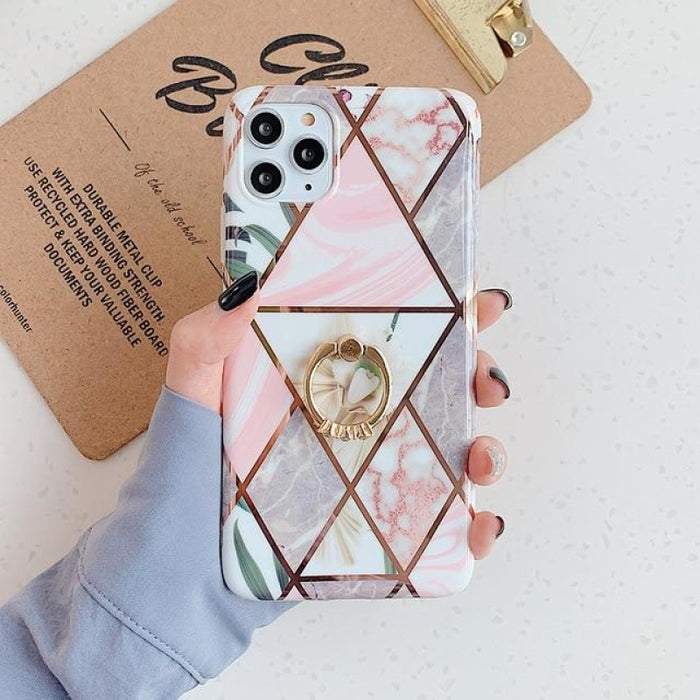 Geometric Marble Ring Holder Phone Case For iPhone