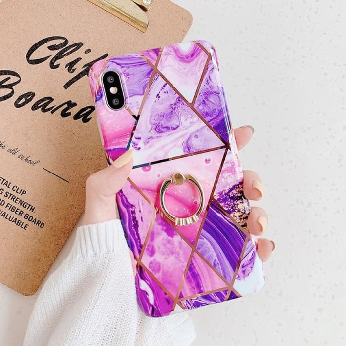 Geometric Marble Ring Holder Phone Case For iPhone - For iPhone 11 / b
