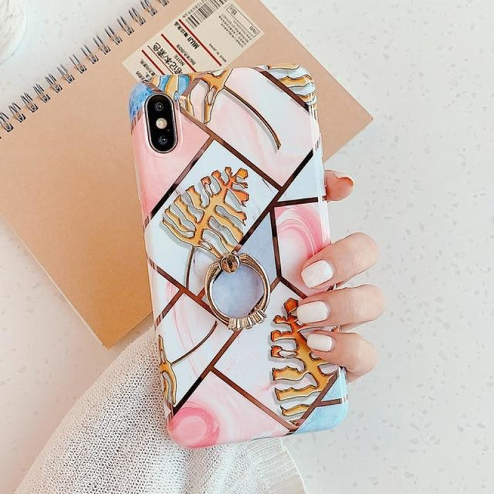 Geometric Marble Ring Holder Phone Case For iPhone - For iPhone X Or XS / f
