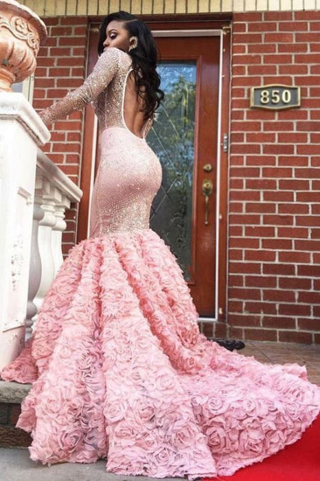 Glamorous Beading Sheer Long Sleeves Flowers Mermaid Prom Dresses - Prom Dresses