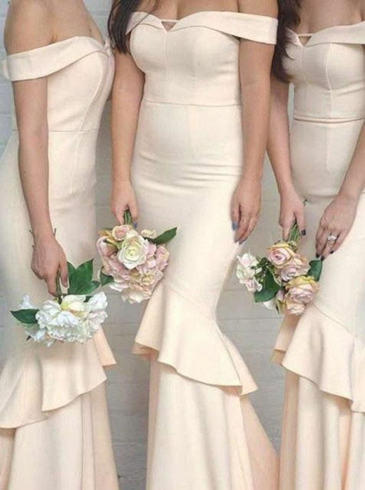 Glamorous Beige Mermaid Off-the-Shoulder Long Bridesmaid Dress with Ruffles - Prom Dresses