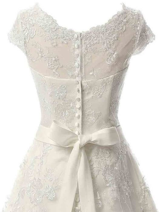 Glamorous Cap Sleeves Covered Button Ribbon Wedding Dresses - wedding dresses