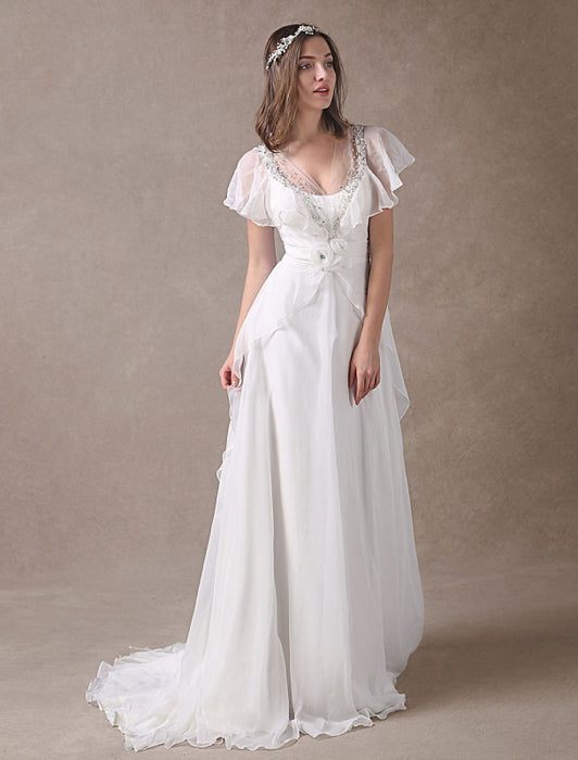Glamorous Court Train Ivory Bridal Wedding Dress With Beading V-Neck misshow