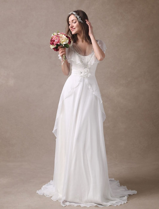 Glamorous Court Train Ivory Bridal Wedding Dress With Beading V-Neck misshow