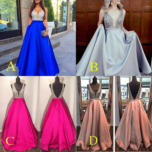 Glamorous Deep V-Neck Sleeveless Floor-length Royal Blue Prom Dress with Beading - Prom Dresses