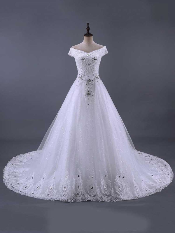 Glamorous Lace-up Beaded Ball Gown Wedding Dresses - White / Floor Length - wedding dresses