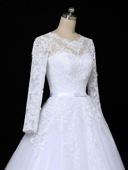 Glamorous Long Sleeves Lace Applique Tulle Wedding Dresses - wedding dresses