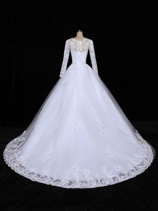 Glamorous Long Sleeves Lace Applique Tulle Wedding Dresses - wedding dresses