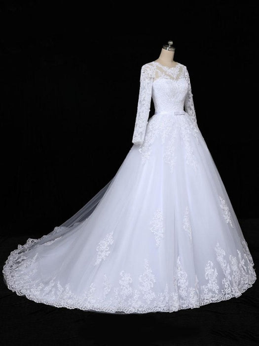 Glamorous Long Sleeves Lace Applique Tulle Wedding Dresses - White / Floor Length - wedding dresses