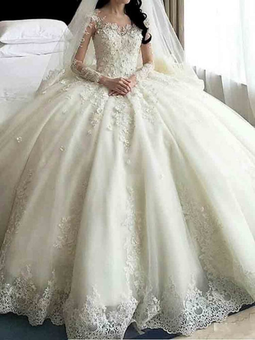 Glamorous Long Sleeves Lace Beaded Ball Gown Wedding Dresses - Ivory / Floor Length - wedding dresses