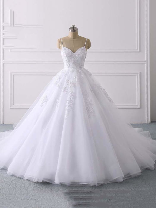 Glamorous Spaghetti Straps V-Neck Tulle Wedding Dresses - White / Floor Length - wedding dresses