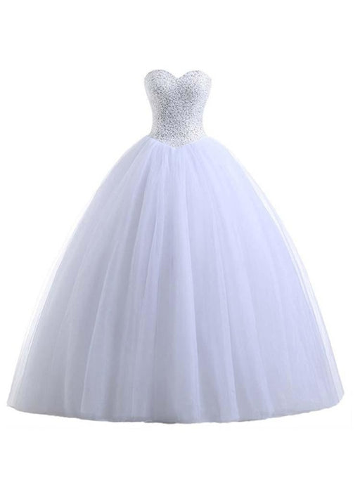 Glamorous Sweetheart Beaded Ball Gown Tulle Wedding Dresses - White / Floor Length - wedding dresses