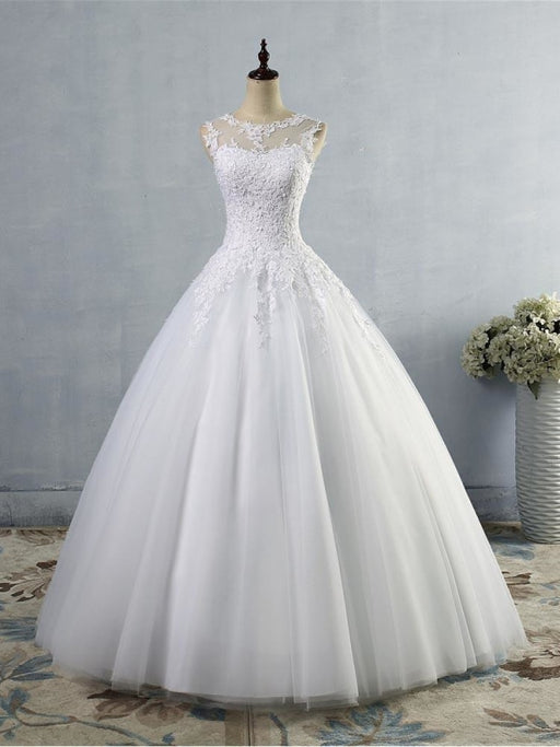 Glamorous Tulle Lace Ball Gown Wedding Dresses - Pure White / Floor Length - wedding dresses