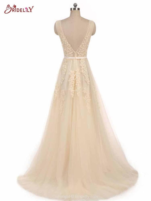 Glamorous V-Neck Lace Ribbon A-line Wedding Dresses - wedding dresses