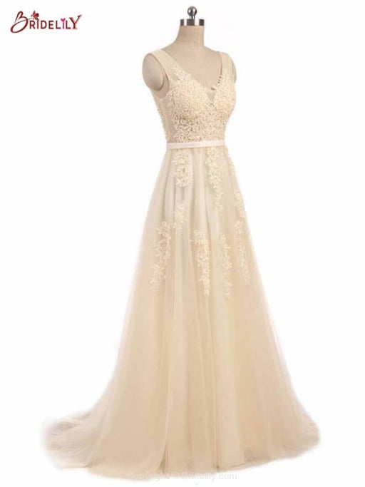 Glamorous V-Neck Lace Ribbon A-line Wedding Dresses - wedding dresses