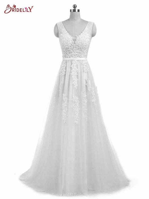 Glamorous V-Neck Lace Ribbon A-line Wedding Dresses - White / Floor Length - wedding dresses