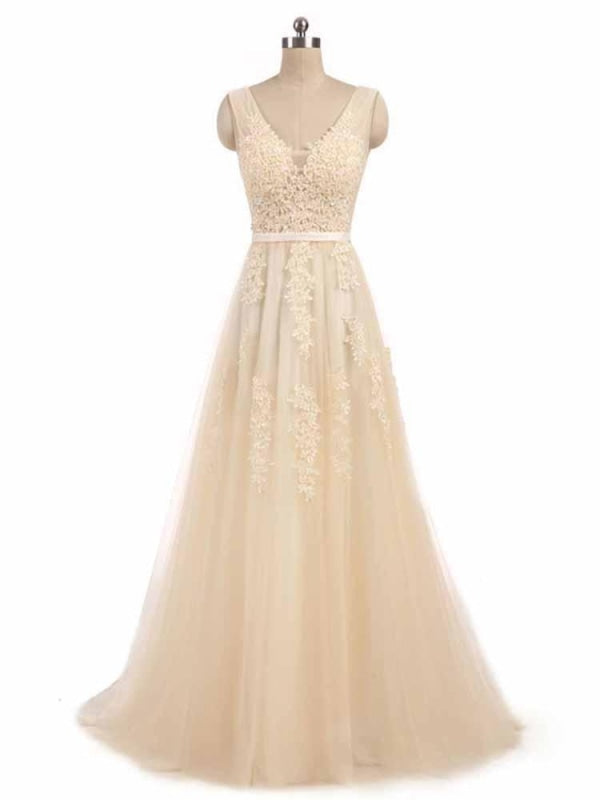 Glamorous V-Neck Lace Ribbon A-line Wedding Dresses - Champagne / Floor Length - wedding dresses