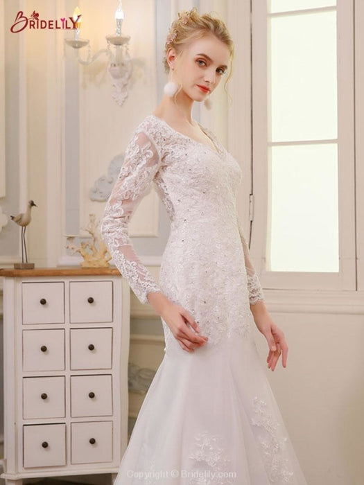 Glamorous V Neck Long Sleeve Lace Backless Wedding Dresses - wedding dresses