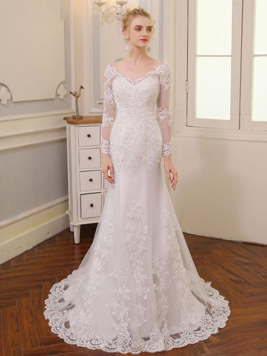 Glamorous V Neck Long Sleeve Lace Backless Wedding Dresses - white / Floor Length - wedding dresses