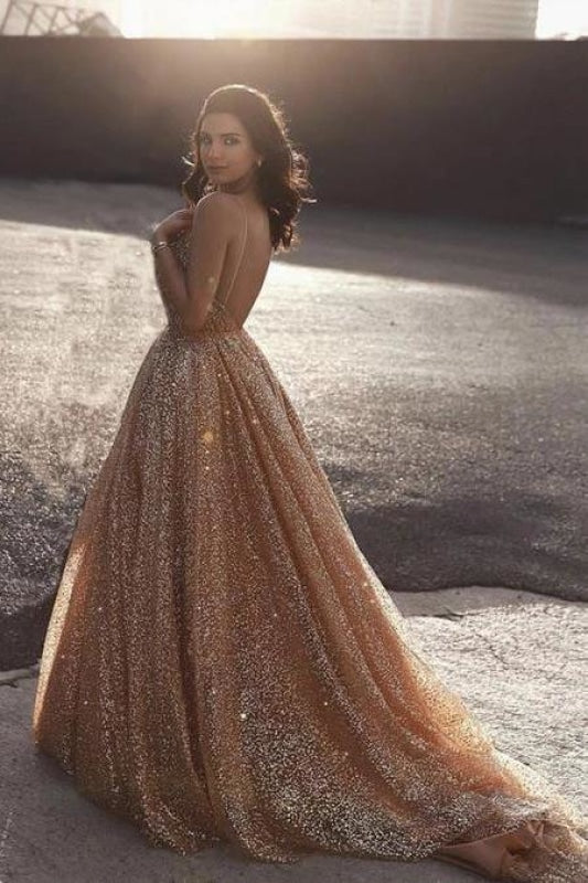 Glitter A Line Elegant Long Prom Dress Spaghetti Straps Evening Party Dresses - Prom Dresses