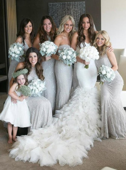 Glitter Mermaid Sweetheart Floor-Length Light Grey Tulle Bridesmaid Dress - Bridesmaid Dresses