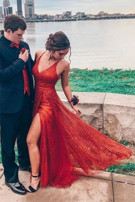 Glitter Red Long Spaghetti Straps V Neck Dresses Sexy Floor Length Sequins Prom Gown - Prom Dresses