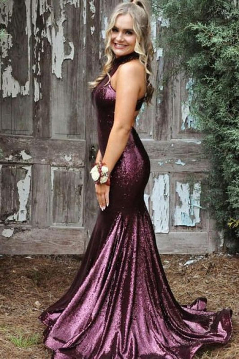 purple high neck prom dress Purple Tulle Lace High Neck Long Prom Dress With Illusion Neckline - $124.9776 #AM79092