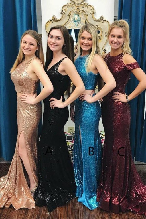 Glitter Sexy Mermaid Prom Sweep Train Sequined Long Bridesmaid Dress - Prom Dresses