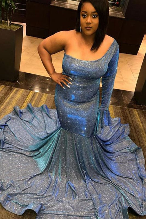 Glittery One Shoulder Mermaid Prom Dresses With Sleeves - Bridelily Glittery One Shoulder Mermaid Prom Dresses With Sleeves - Bridelily