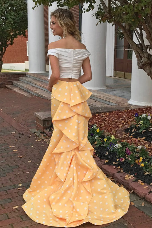 Glorious Elegant Eye-catching Sexy Two Piece Off the Shoulder White and Yellow Polkdots Mermaid Prom Dress - Prom Dresses