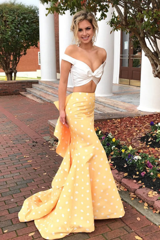Glorious Elegant Eye-catching Sexy Two Piece Off the Shoulder White and Yellow Polkdots Mermaid Prom Dress - Prom Dresses