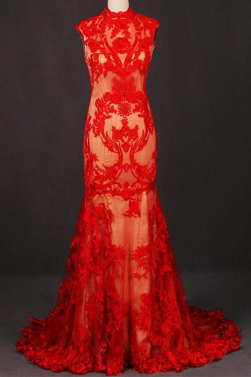 Glorious Excellent Red High Neck Sleeveless Evening Dress Lace Tulle Prom Dresses - Prom Dresses