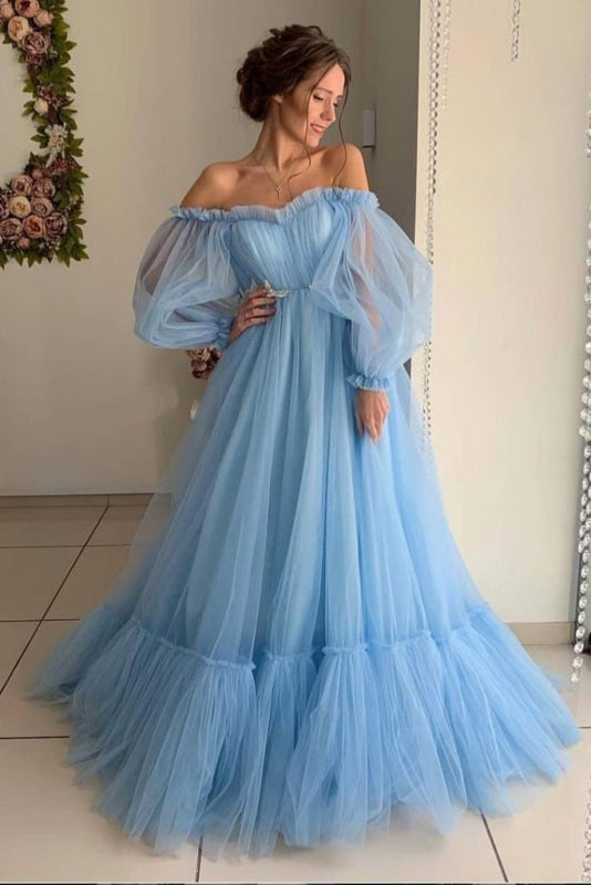 Glorious Eye-catching Awesome A Line Sleeve Off the Shoulder Long Prom Blue Tulle Floor Length Formal Dress - Prom Dresses