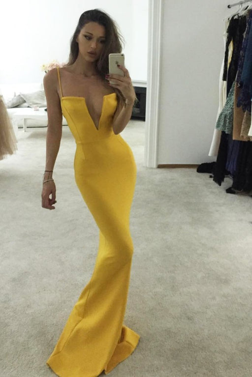 Glorious Fascinating Fabulous Unique Yellow Spaghetti Straps Notched Mermaid Dress Sexy Prom Gown - Prom Dresses