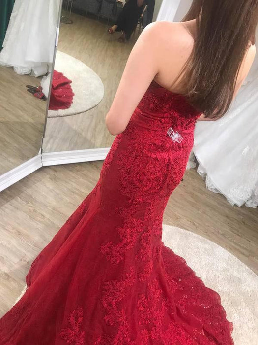 Glorious Fascinating Wonderful Sexy Trumpet Red Strapless Sweep Train Lace Prom Dress Long Formal Gown - Prom Dresses