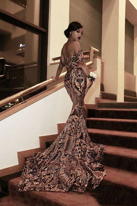 Glorious Strapless Gold Sequin Long Mermaid Prom Dresses - Prom Dresses