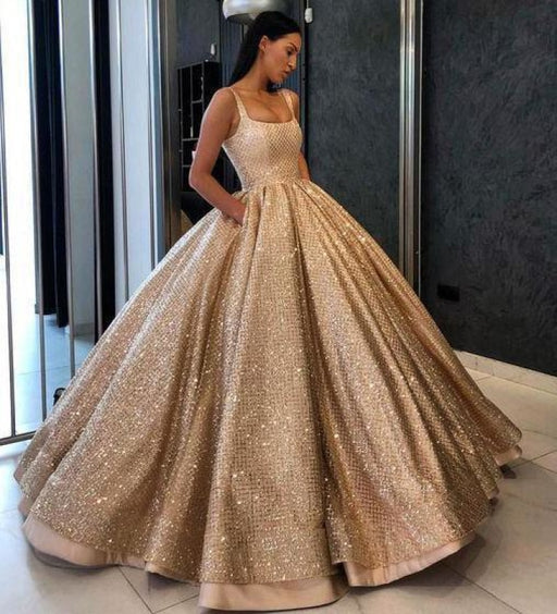 Gold Ball Gown Sequined Prom Dress with Pockets Long Square Quinceanera Dresses - Prom Dresses