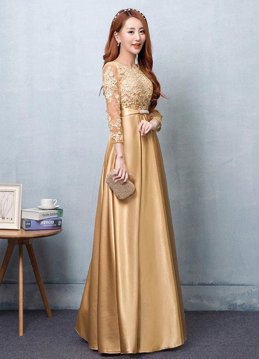 Gold Evening Dress Satin Prom Dress Lace Applique Wedding Guest Dresses Sash A Line Maxi Mother's Dress wedding guest dress