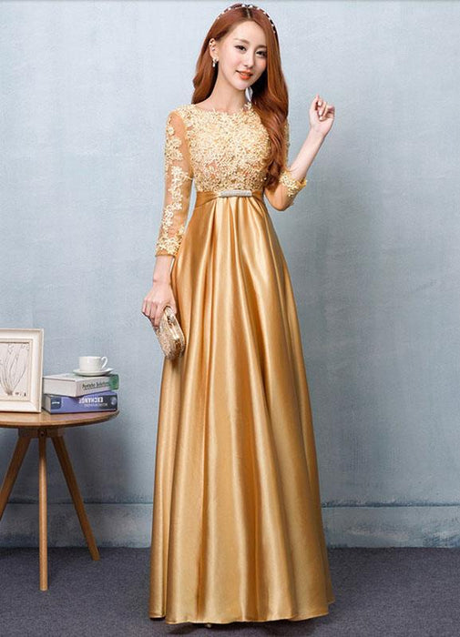 Gold Evening Dress Satin Prom Dress Lace Applique Wedding Guest Dresses Sash A Line Maxi Mother's Dress wedding guest dress