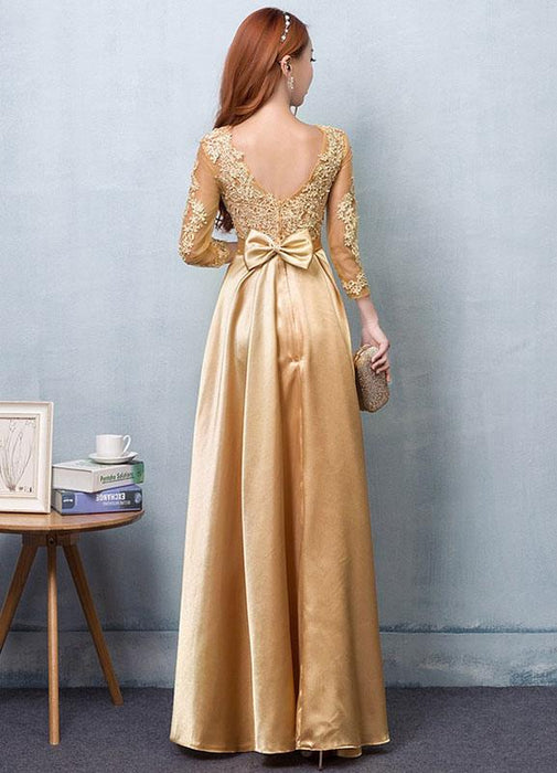 Gold Evening Dress Satin Prom Dress Lace Applique Wedding Guest Dresses Sash A Line Maxi Mother's Dress wedding guest dress